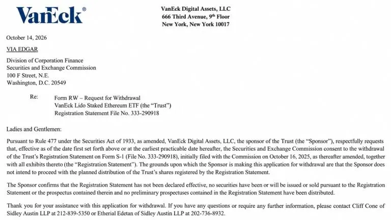 Vaneck Pulls the Plug on Its Lido Staked Ether ETF Before Launch